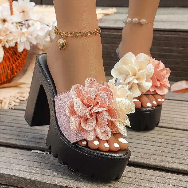 Fashion Women's Flower Embellishment Heel Slippers Summer Women Round Zpaxo