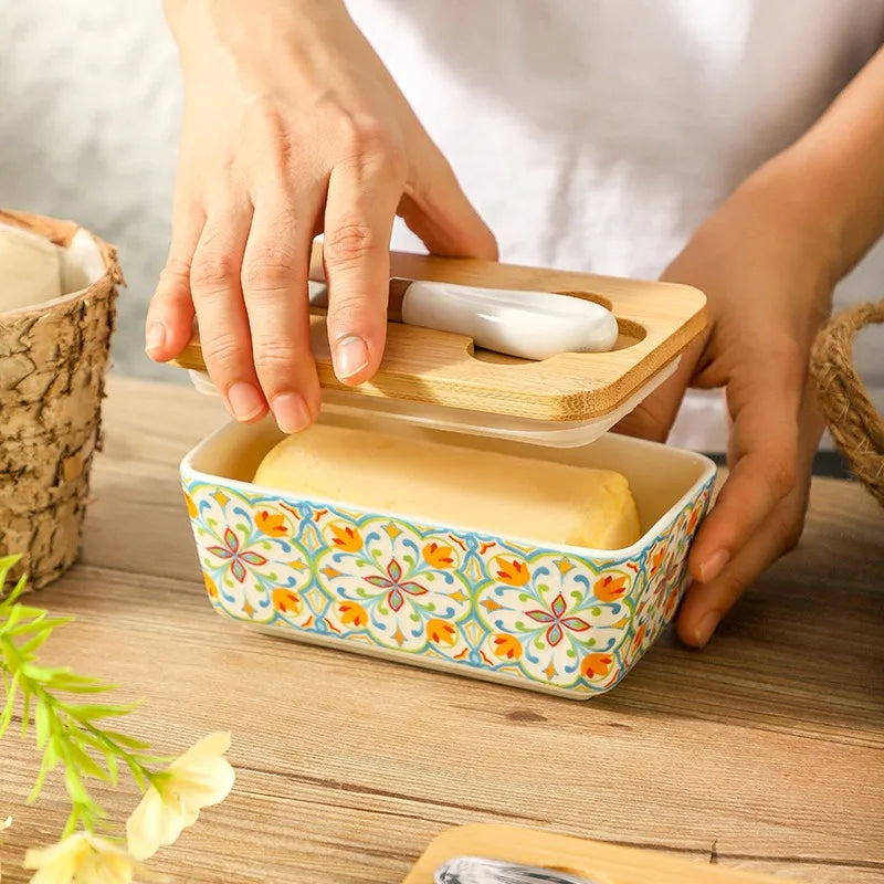 350ML Rural Style Ceramic Butter Box with Knife and Cover, American Household Cross-border Cheese Kitchen Storage Box Zpaxo