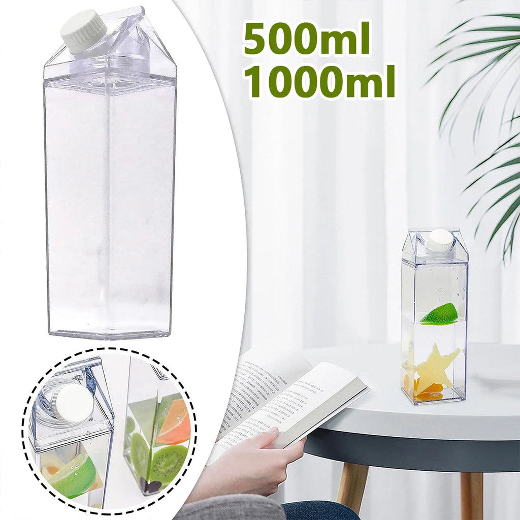 Reusable Clear Milk Carton Water Bottle 500ml / 1000ml Leak-proof Milk Box Water Bottle Portable Milk Bottles Water for Travel Zpaxo