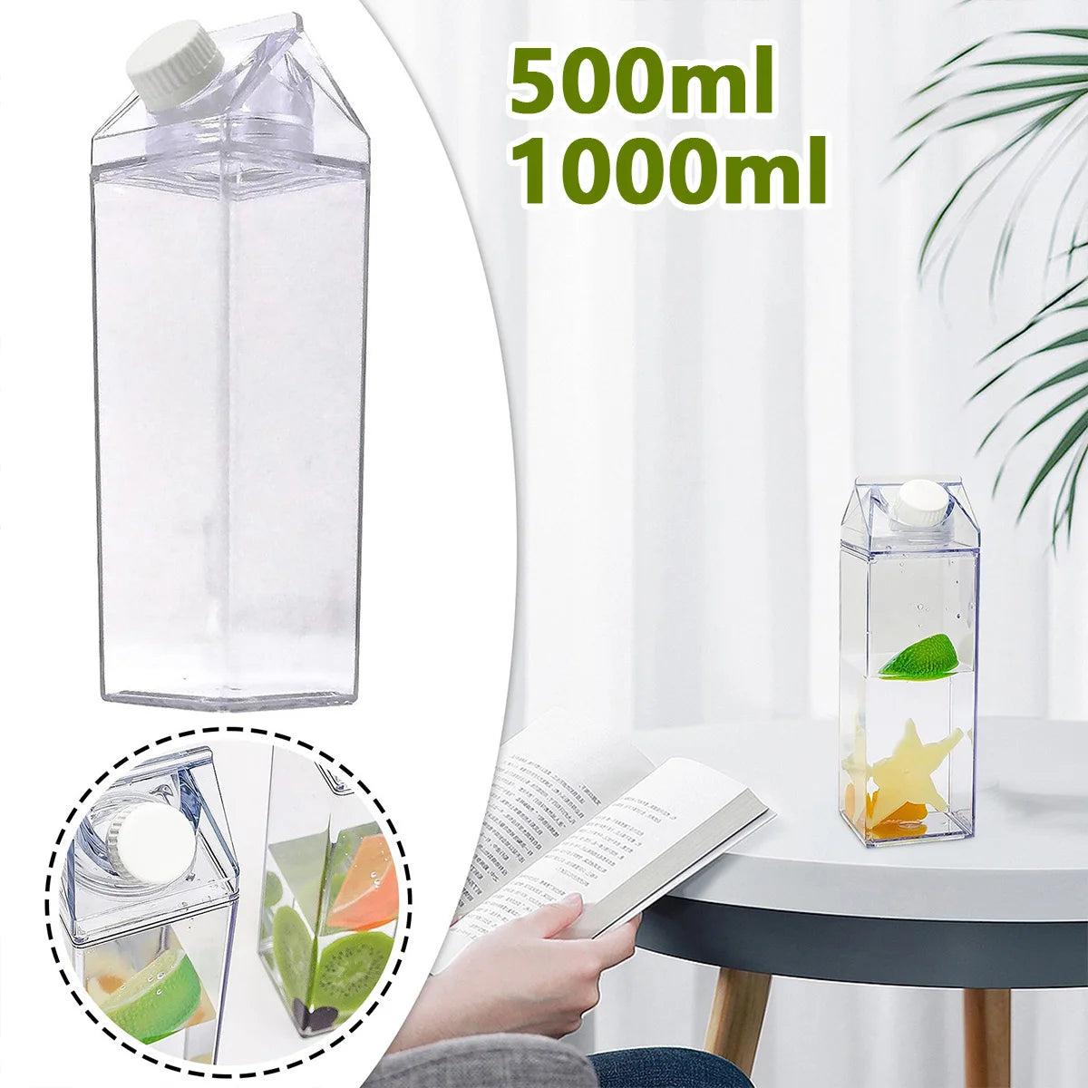 Reusable Clear Milk Carton Water Bottle 500ml / 1000ml Leak-proof Milk Box Water Bottle Portable Milk Bottles Water for Travel Zpaxo