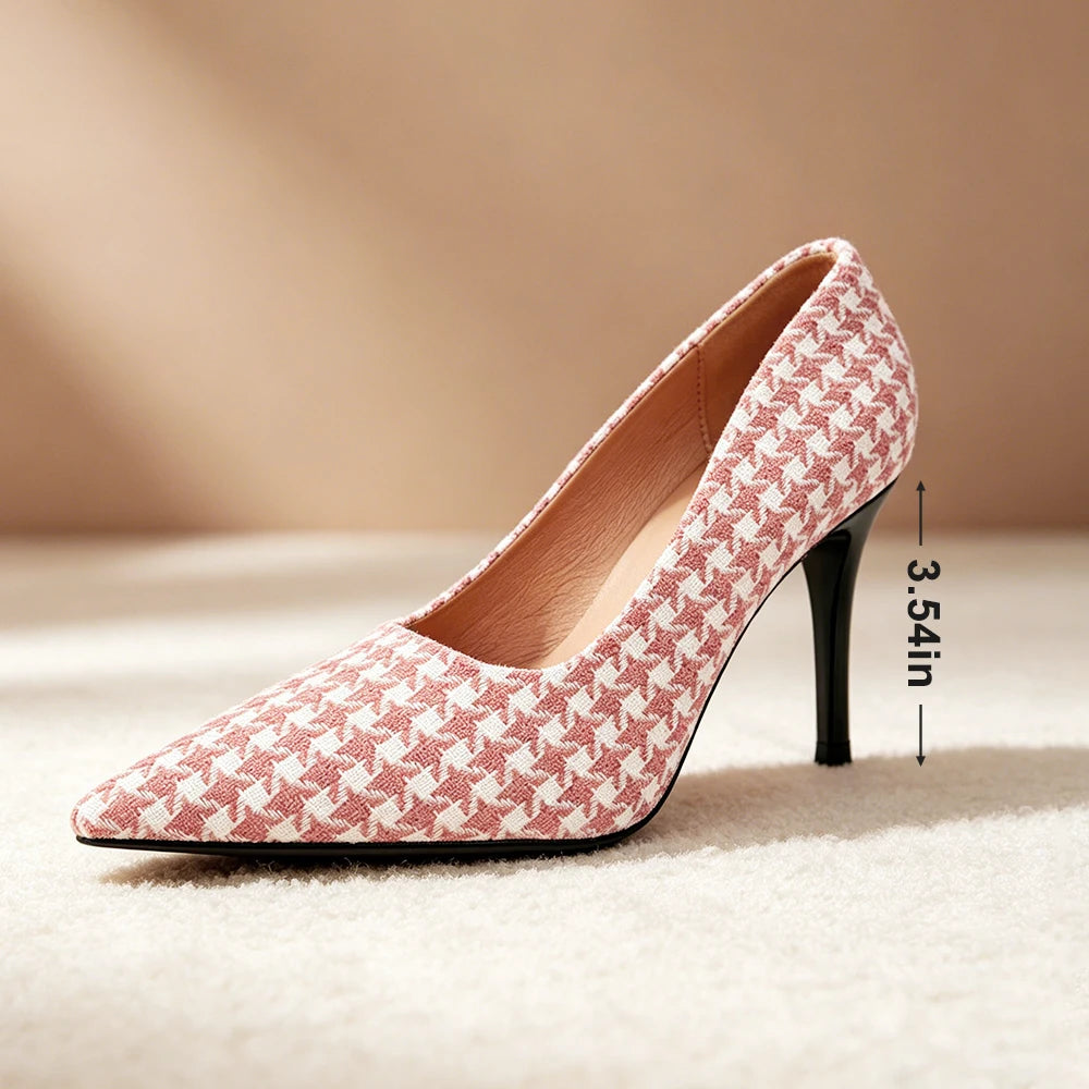 Women's Pink Houndstooth 9cm Heels – Vintage Plaid Pumps
