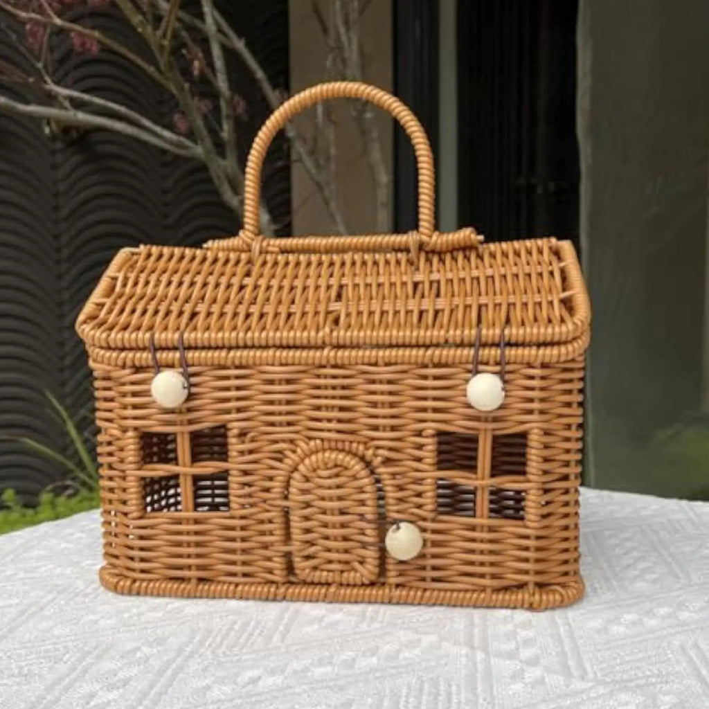 Rattan Storage Basket House Shape Lid Organizer Box Home Closet
