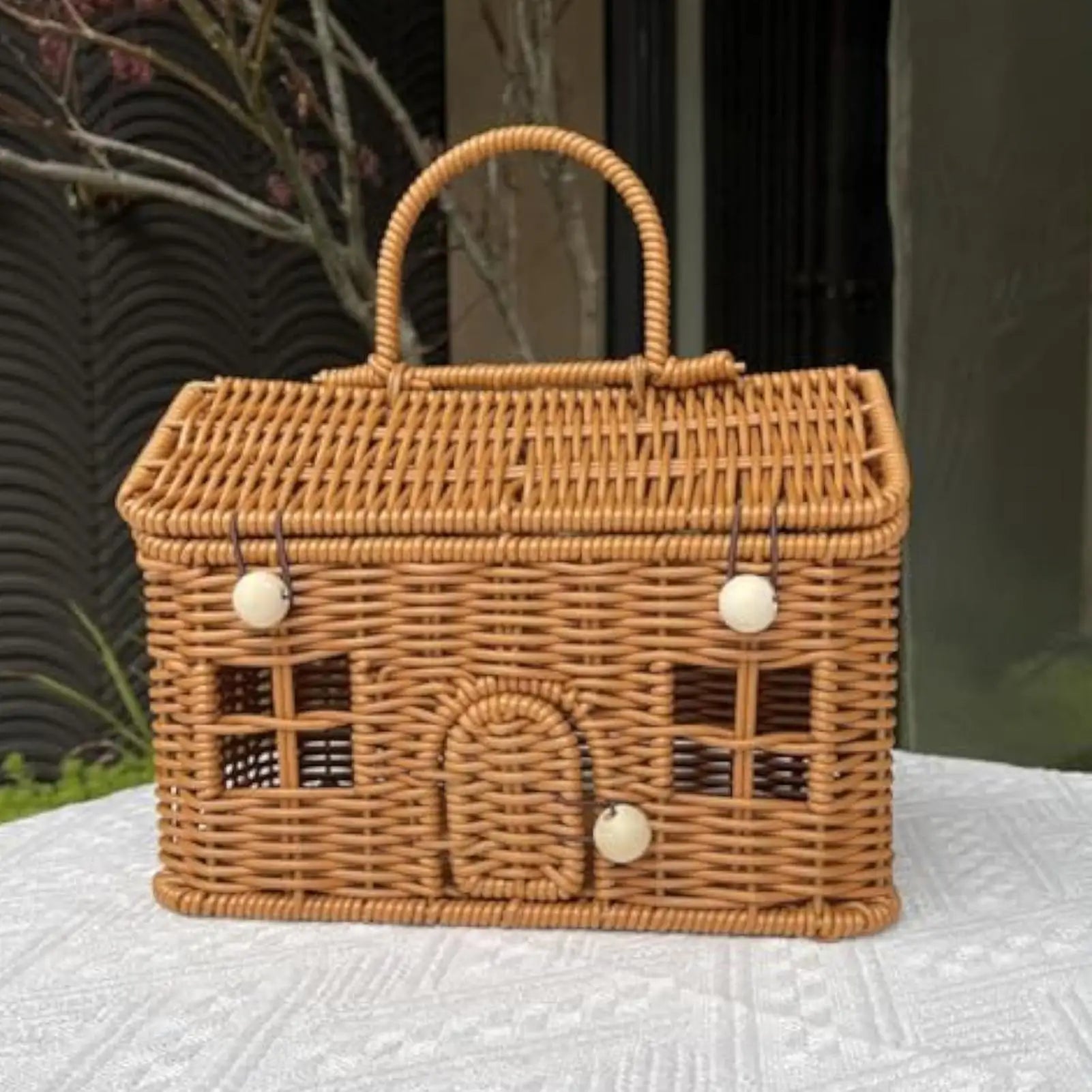 Rattan Storage Basket House Shape Lid Organizer Box Home Closet