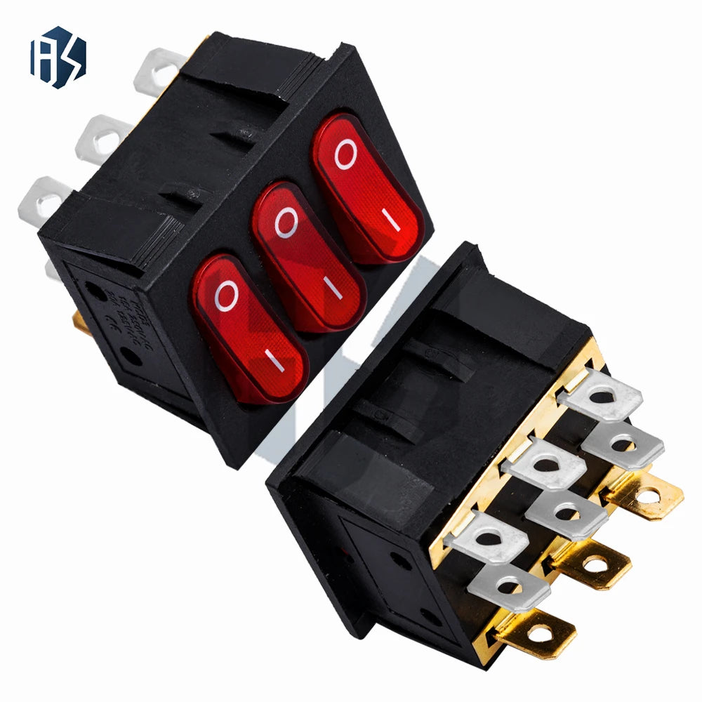 9 Pin KCD3-303 Triple Red Lamp Rocker Switch 16A 250V AC Power Toggle Zpaxo
