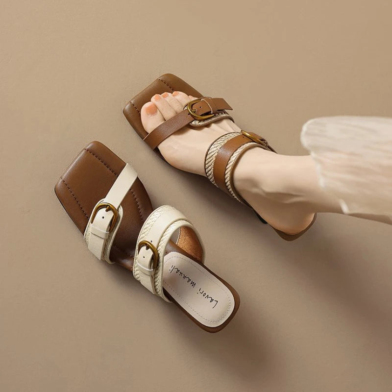 Vintage Braided Belt Buckle Open Toe Wedges Women's Summer