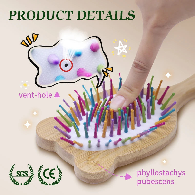 BOOMSLIFE Custom Bamboo Hair Brush Women Cute Cat Style Wood Comb For Girl Wide Teeth Airbag Massage Brush Anti-static Hair Comb Zpaxo