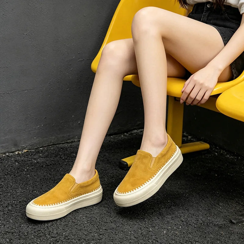 White Leather Slip Platform Loafers Women Hand Stitched Edge Round Zpaxo