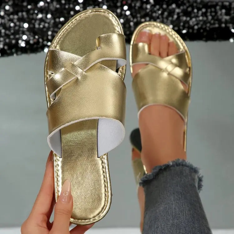 2025 New Women Slippers Minimalist Thong Sandals Fashion Flat Slippers Beach Vacation Leisure Woman Shoes Outdoor Slides Women Zpaxo Gold 38