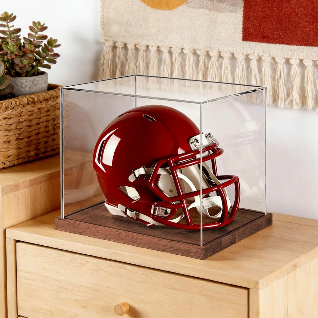 Helmet Case Display Case Full Size Clear Box with Wooden Stand Full Size Football Helmet Display Case for Sports Collectibles Zpaxo