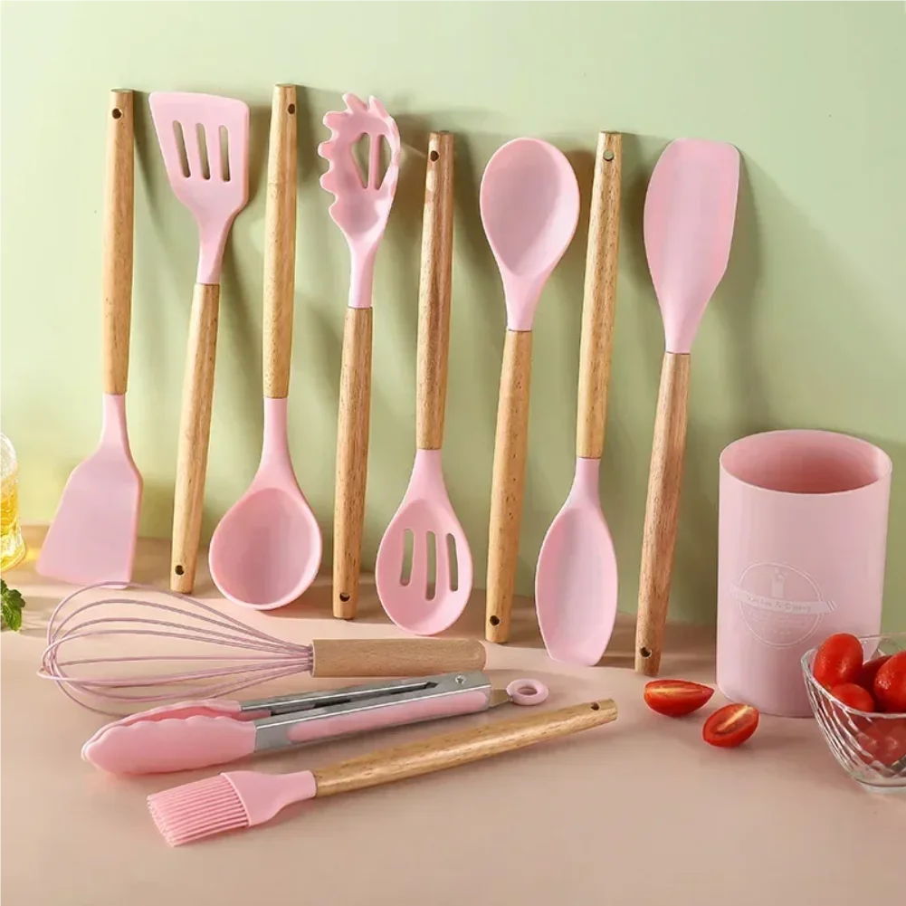 12PCS Silicone Kitchenware Non-Stick Cookware Kitchen Utensils Set Spatula Shovel Egg Beaters Wooden Handle Cooking Tool Set Zpaxo