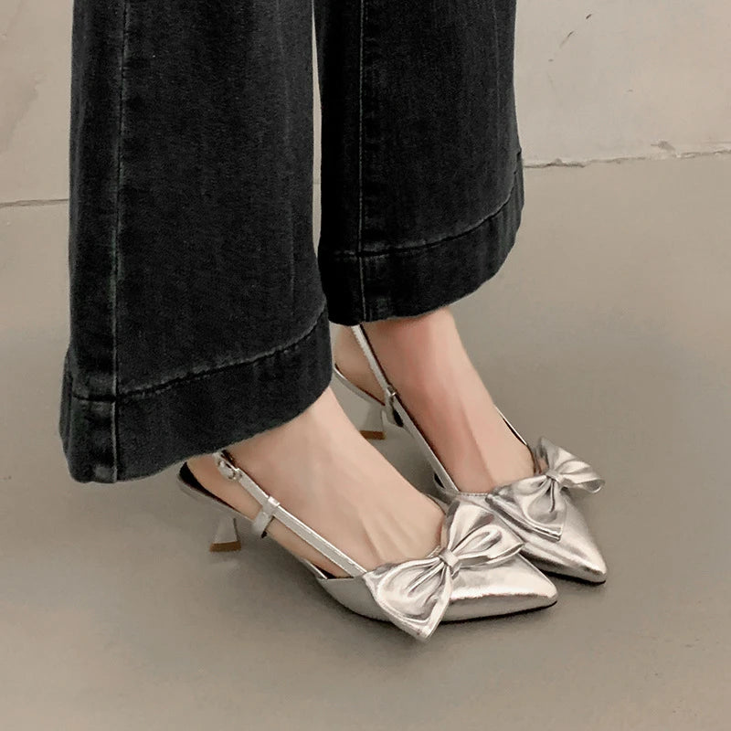 Slingback Pumps Bow Knot Kitten Heel Black Silver Colors Wedding Zpaxo 8852-13 Silver 43 China Mainland