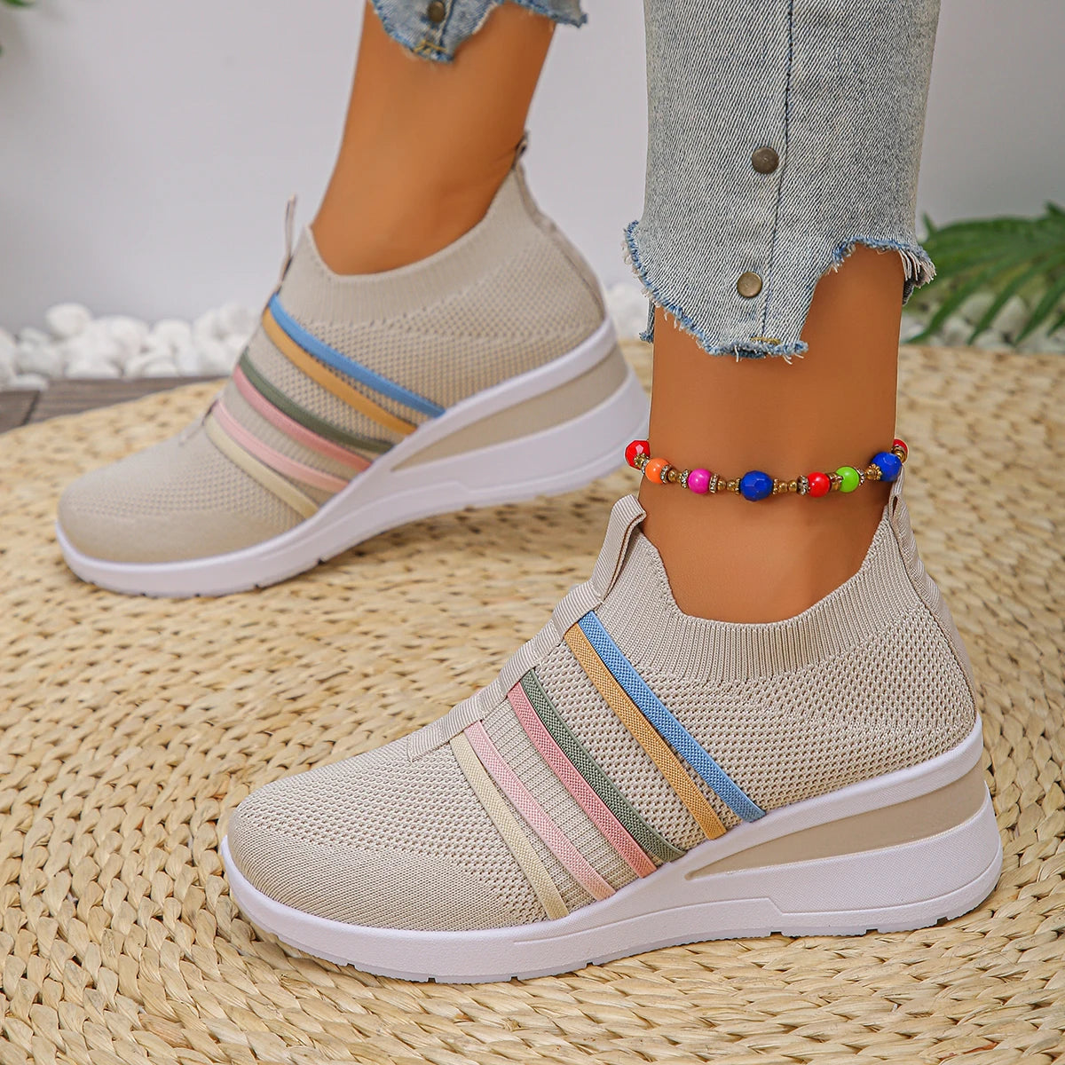 Women Mesh Shoes Summer Soft Bottom Slip Casual Woman Colorful Strap Zpaxo Beige 43