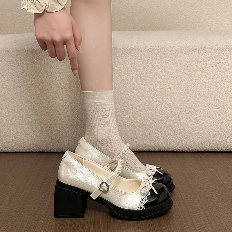 Women Spring Autumn Bow Embellishment One-word Buckle Strap Pearl Zpaxo Beige 35