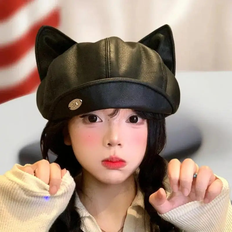 PU Leather Cute Cat Ear Berets Women Solid Casual Newsboy Cap Zpaxo