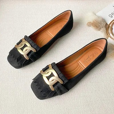 Flat Shoes Woman Retro Tassels Square Shallow Single Shoes for Women 2023 New Metal Buckle Flat Loafers Women Big Size 45 45 46 Zpaxo Black 34