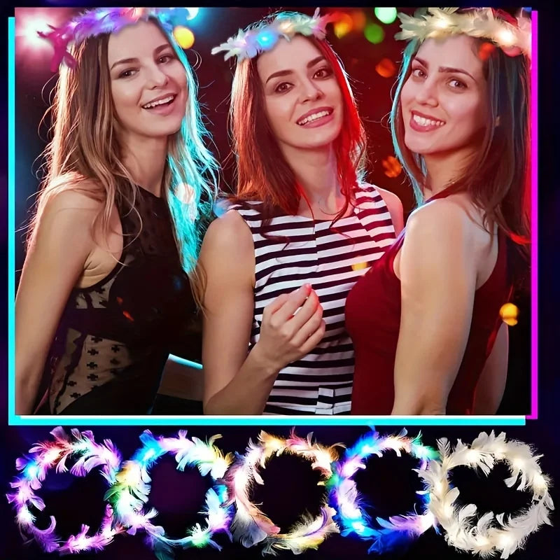 LED Feather Wreath Crown Headband Light Up Luminous Headdress Perfect