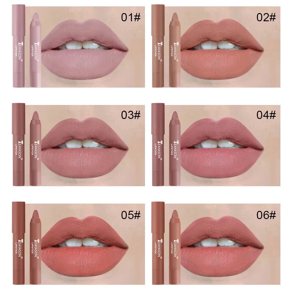 12Colors Natural Matte Lipstick Pencil Silk Lip Glaze Waterproof Lipstick Sexy Long Lasting Makeup Non-Stick Cup Lip Tint Zpaxo
