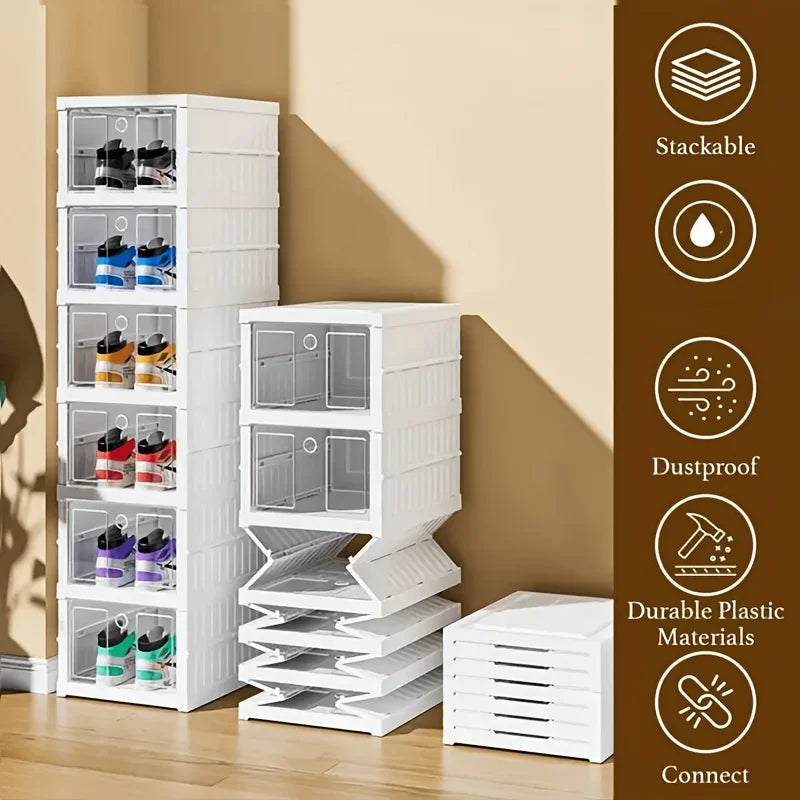 3-storey Stackable Shoe Storage Box Set with Easy to Access Front Mounted Waterproof Transparent Plastic Storage Box Zpaxo