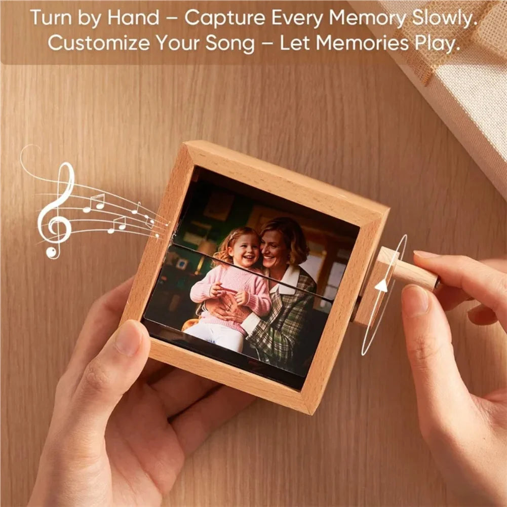 Custom Photo Flip Book Frame Photo Animation Box Hand-cranked Photo Album Wooden Rotating Memory Box with Light Gift Zpaxo