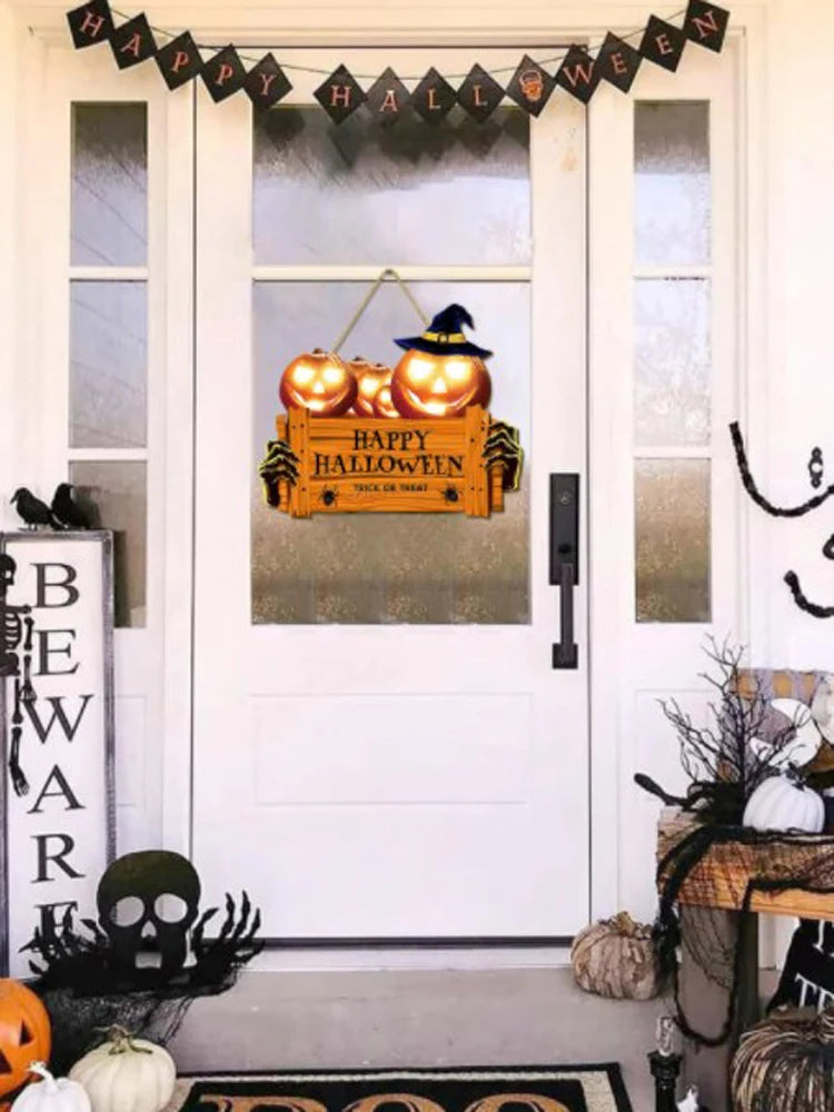 Happy Halloween Wooden Sign Decoration Pumpkin Hat Door Holiday