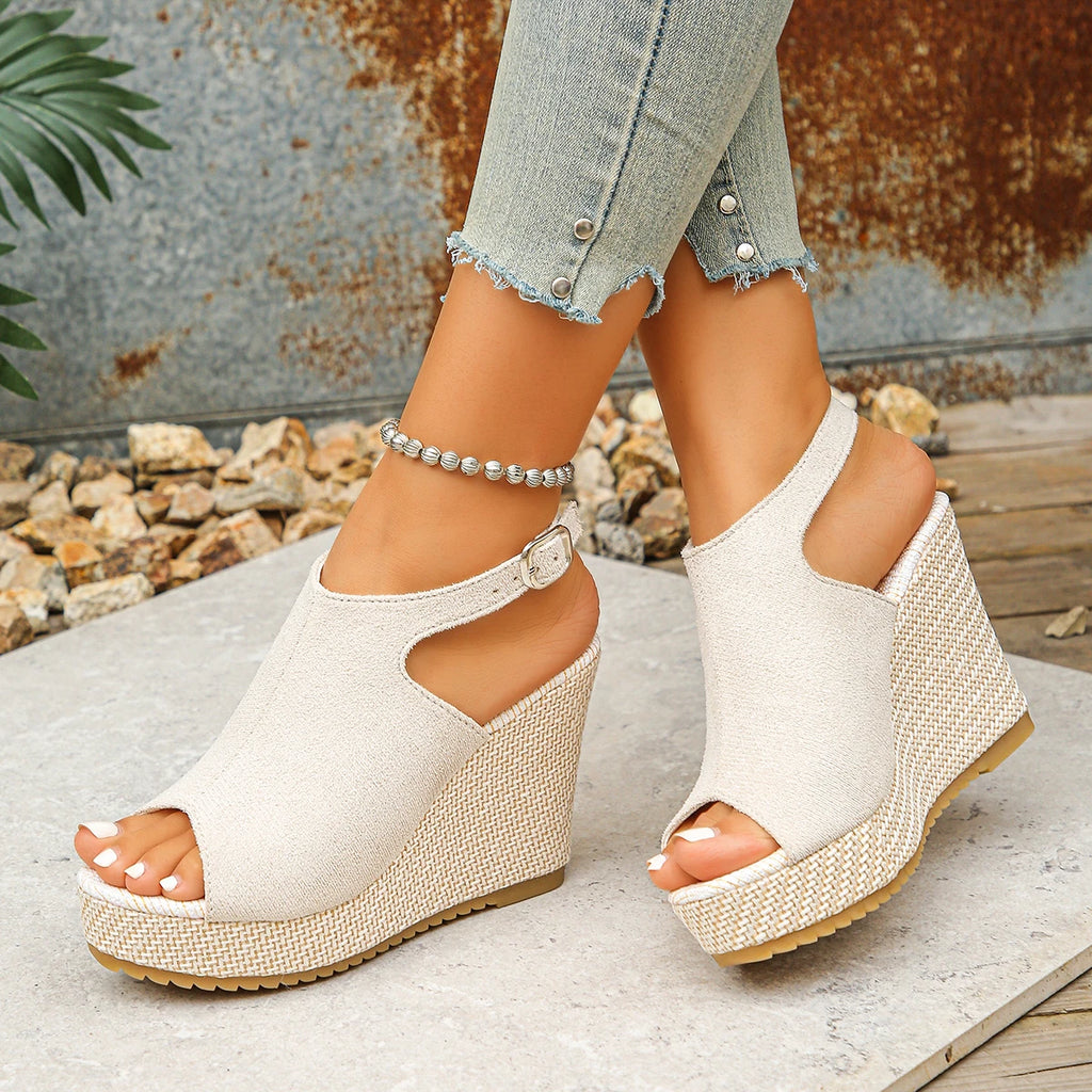 Women Wedges Sandals Peep Toe Heeled Summer Ankle Straps Platform Zpaxo Beige 40