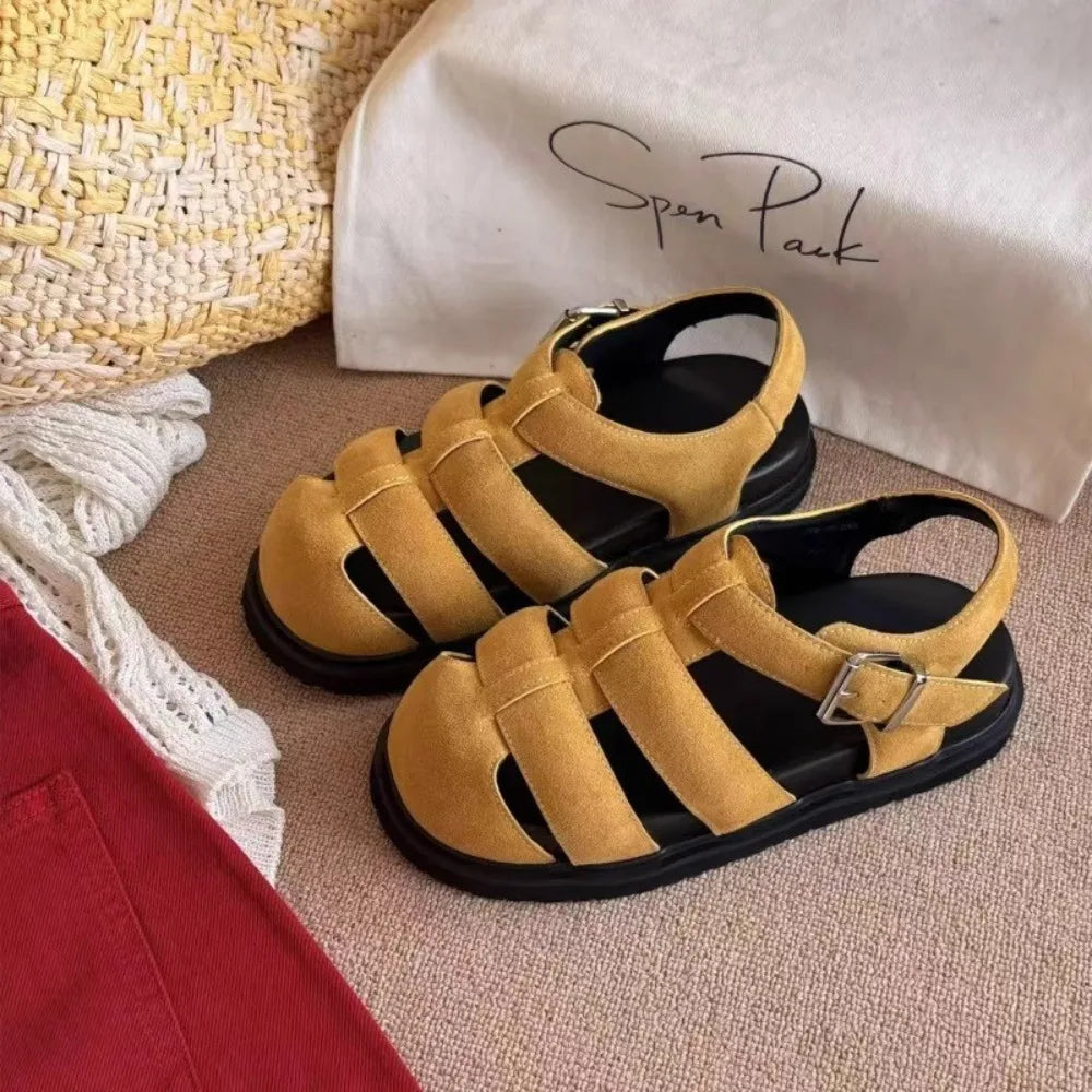 Women's Sandals 2025 Woven Hollow Roman Women Summer Large Pig Cage Zpaxo YELLOW 38