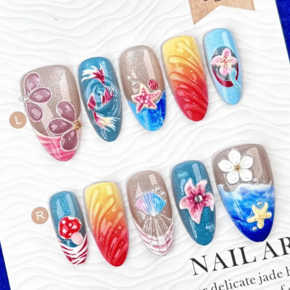 Sweet Ocean Theme Press-on Nails Almond-shaped 3D Flower Gel Fake Zpaxo