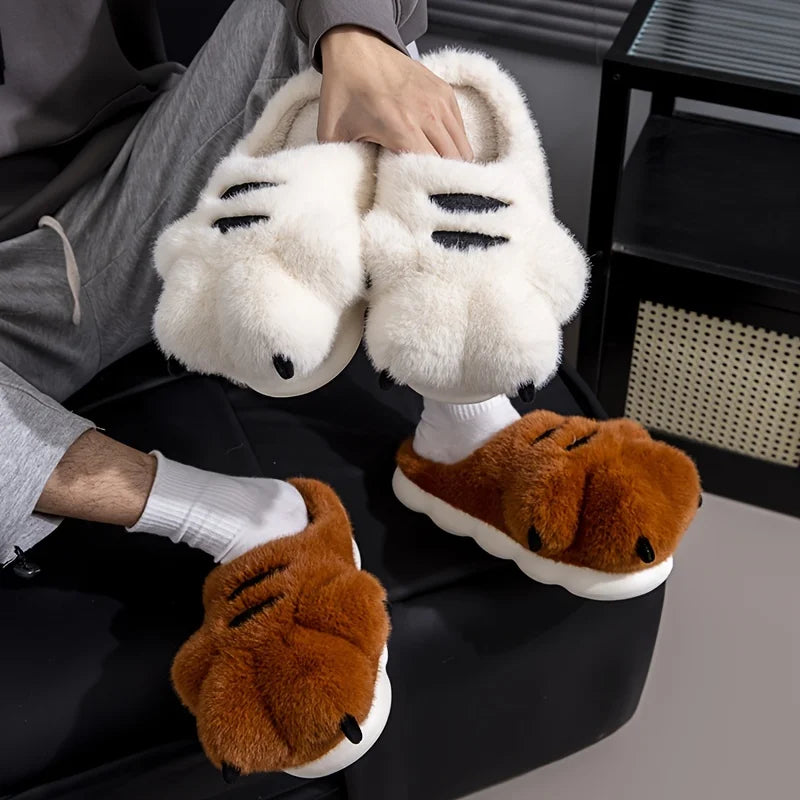 Cute Cartoon Fluffy Slippers Women Men Winter Warm Soft Plush Big Paw Zpaxo