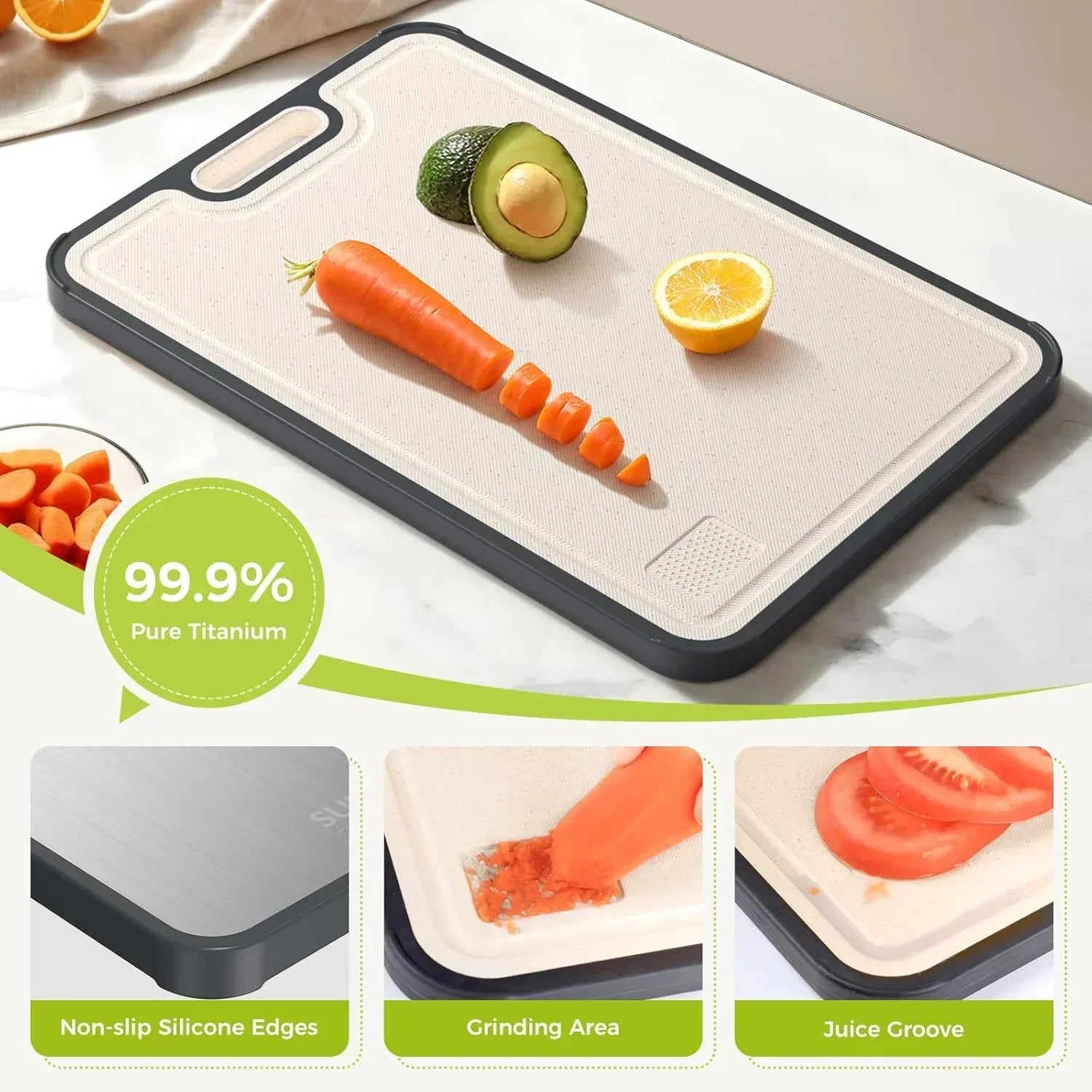 New Kitchen Cutting Board Double Sided Titanium Cutting Boards for Double Sided Food Grade Pure Titanium Wheat Straw PP Zpaxo