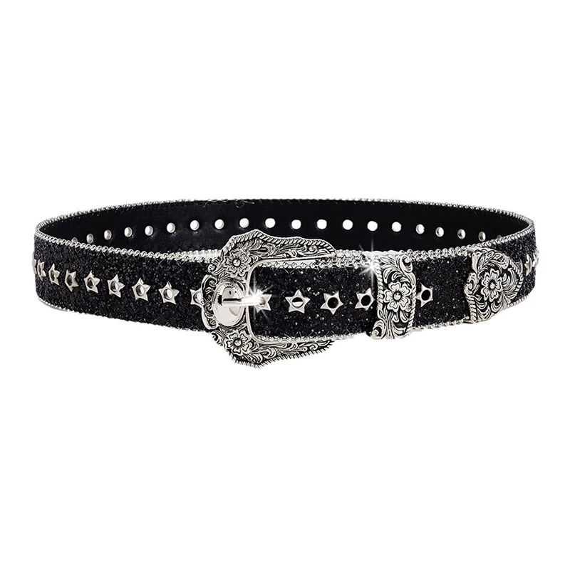 Eye-catching Rhinestone Gothic Belts Girls Western Cowboy PU Leather Zpaxo