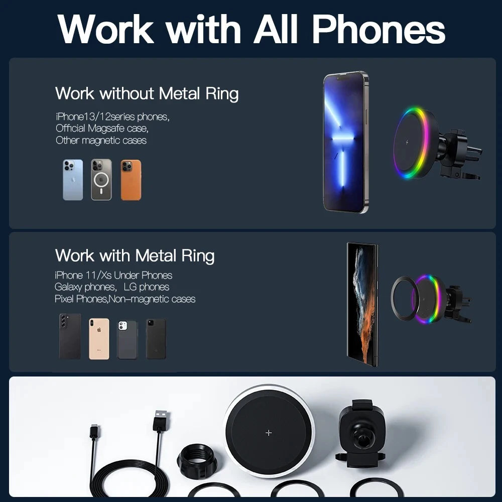 Magnetic RGB Wireless Charging Auto Holder 15W Fast Inflatable Car Navigation Phone Holder Auto Universal Phone Holder Stand Zpaxo