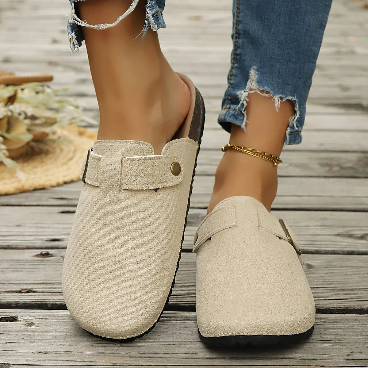 2026 Women Cork Sole Slippers Fashion Flat Mules Buckle Shoes Beach