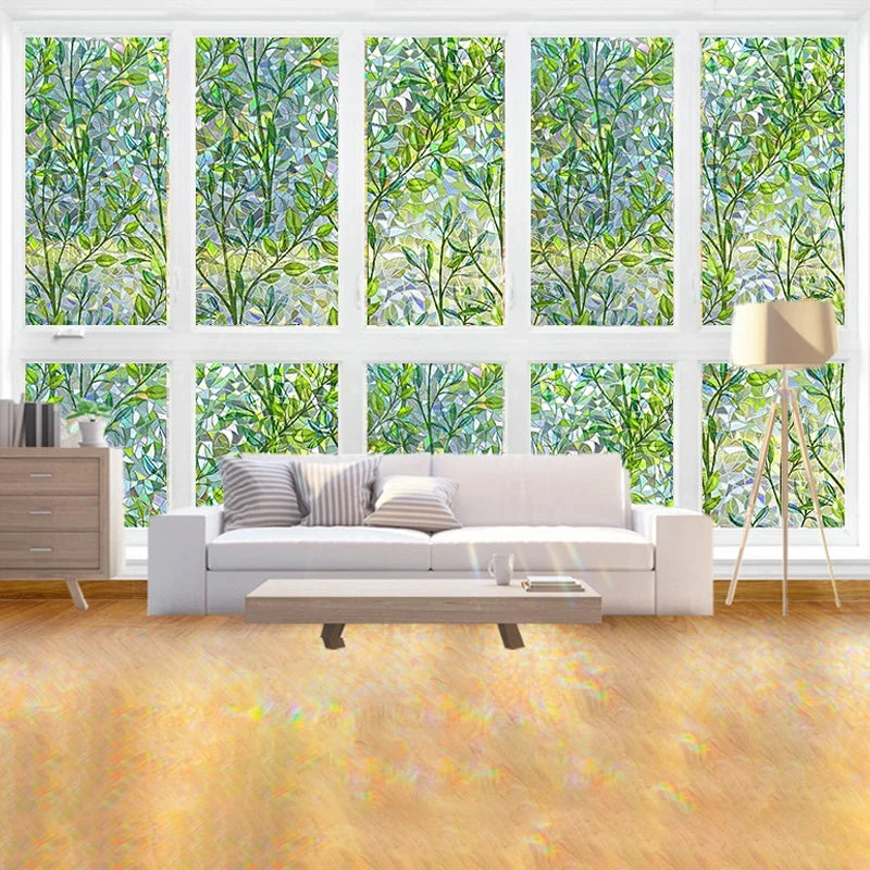 Green Leaf Mosaic Stained Glass Window Film Static Cling Rainbow