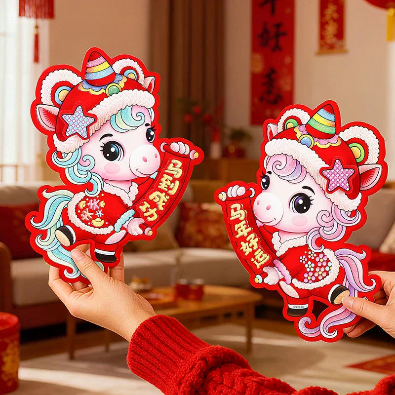 1pair 2026 Year Horse Chinese Door Decoration 3D Paper Cutout Zpaxo