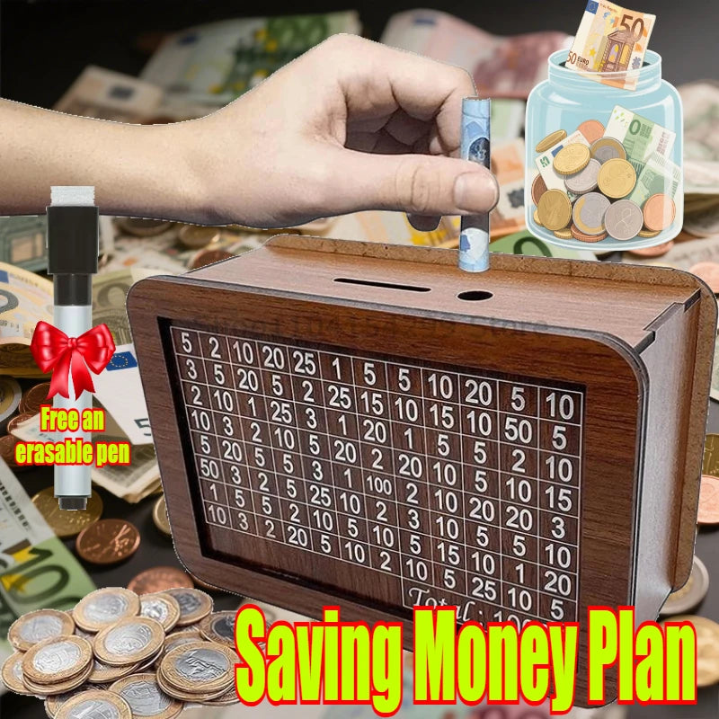 1000/3000/5000/10000 Euro Money Box Wooden Piggy Bank Reusable Money Vault Savings Box Challenge Cash Storage Case Children Zpaxo