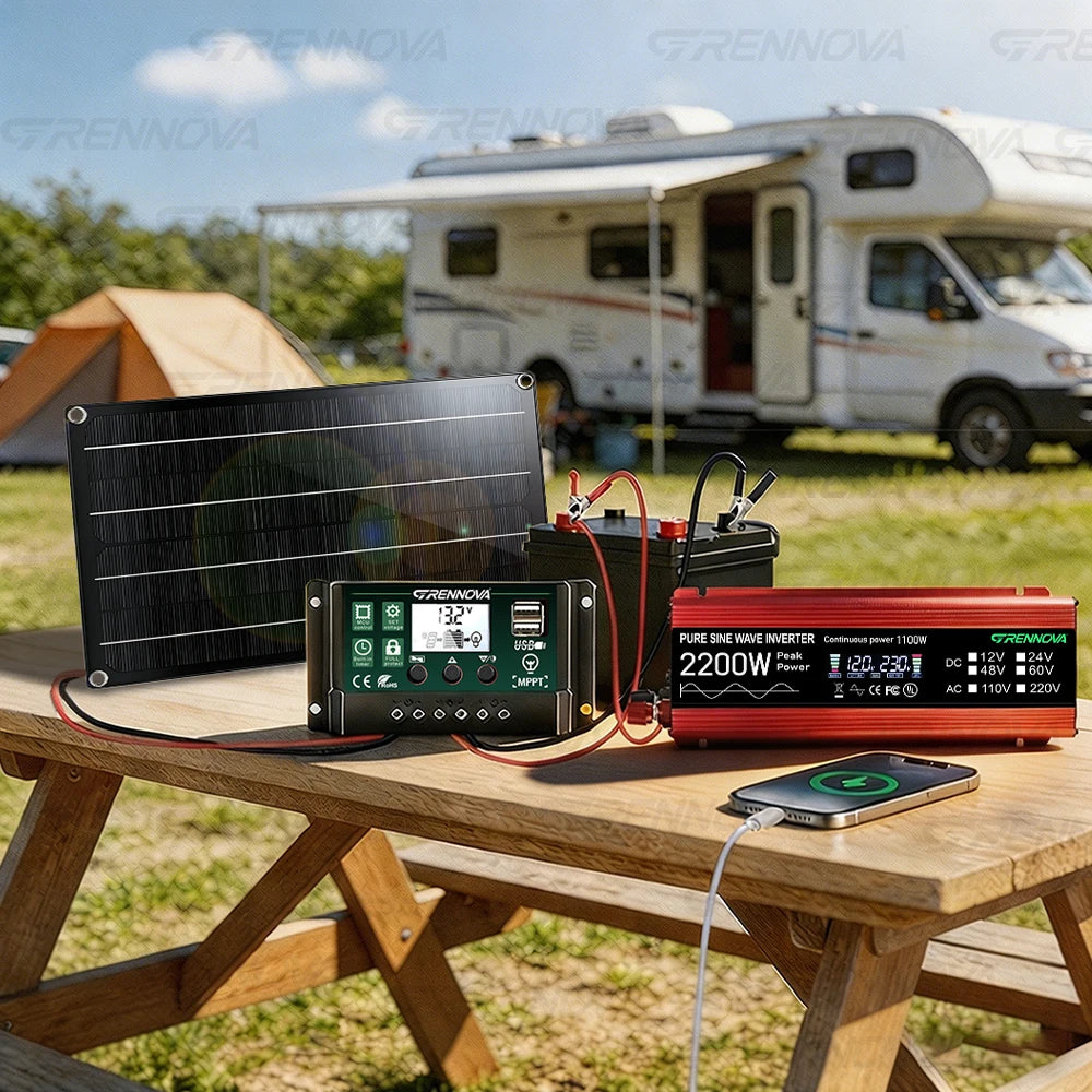 2200W Complete Kit 60W Solar Panel Pure Sine 12V To 110V/220V Inverter 60A MPPT Controller For Audio/Hi-Fi amplifiers/Medical Zpaxo