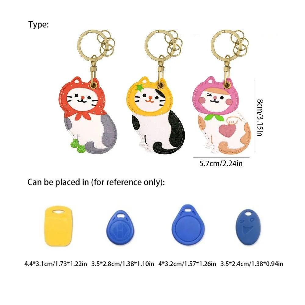 Lovely Fruit Kitty Access Card Holder Leather Maneki-neko Fortune Cat Pendant Keyring Orange Strawberry Zpaxo