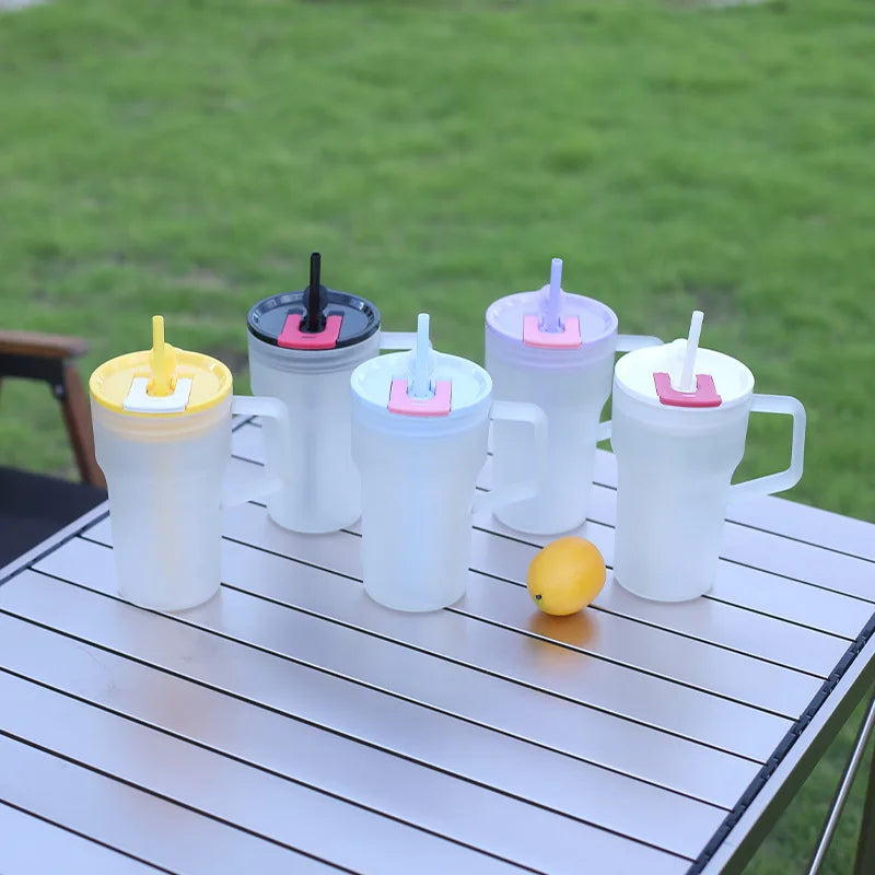 680ML Student Summer Frosted Tea Cup, Korean Style Large Capacity Handle Plastic Double Drinking Straw Cup, Ice King Water Cup Zpaxo