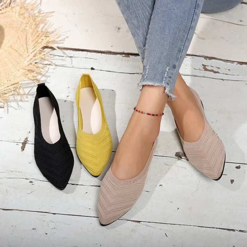 2024 Pointed Toe Flat Office Boat Solid Knitted Slip Shoes Casual