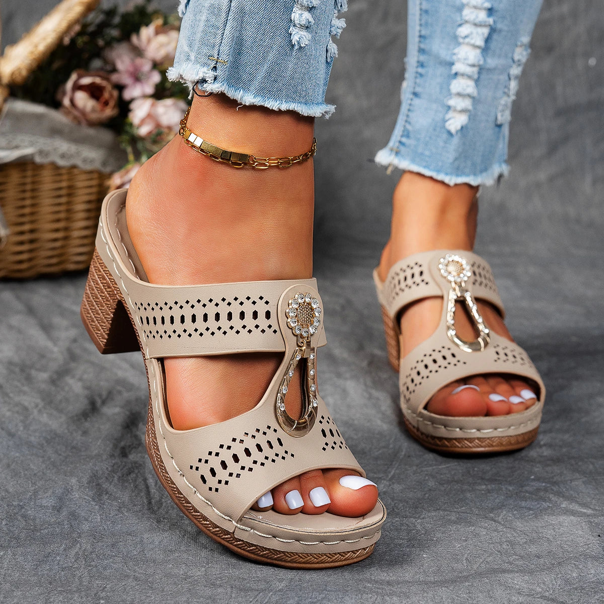 Women Sandals Peep Toe Heels Sandals Trend Summer Shoes Woman Lightweight Heeled Slippers Summer Footwear Luxury Platform Shoes Zpaxo Beige 39