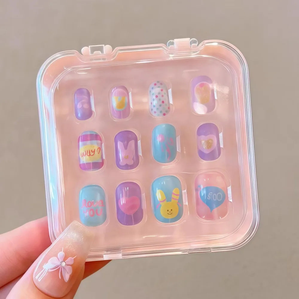Hot Cartoon Children Wearing Nails Cherry Love Heart Cute Press on Nail Detachable Long Nail Sticker for Girls Students Zpaxo Rabbit