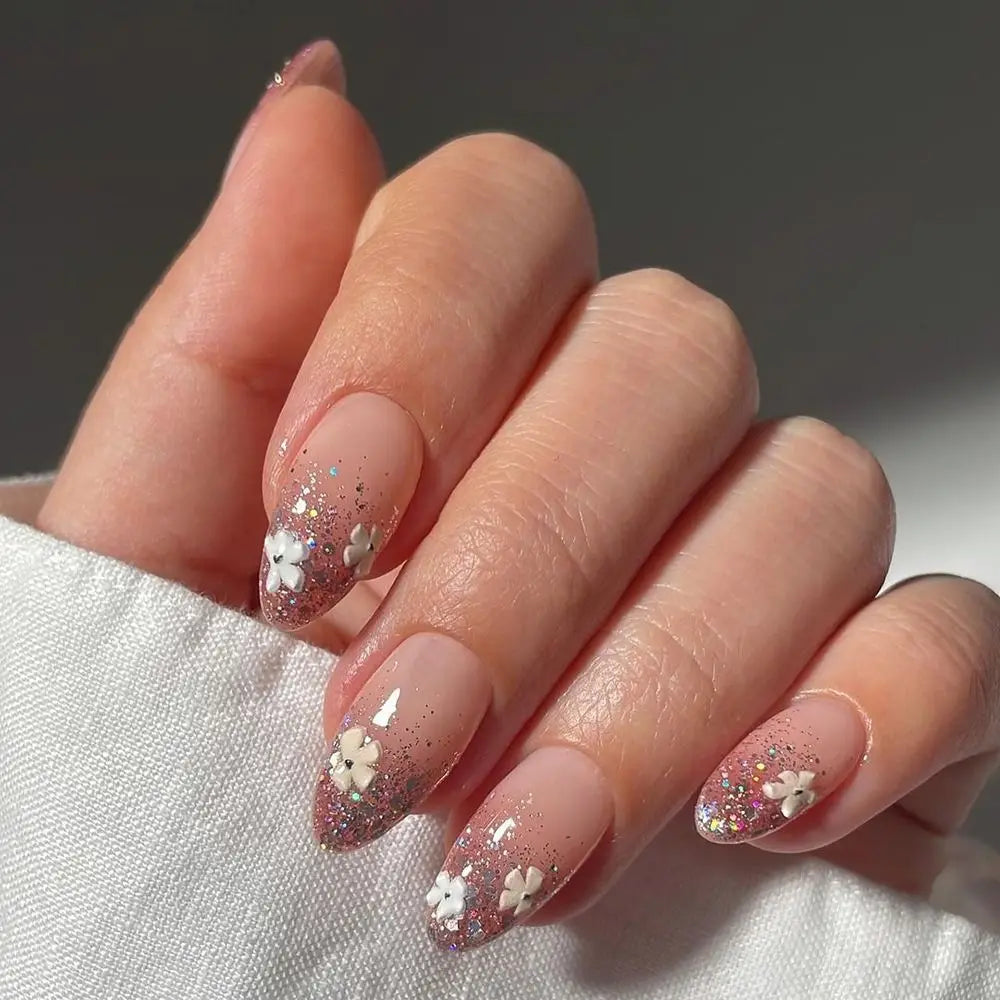 Manicure Long Almond Ballerina False Nails Flowers Glitter French Zpaxo JP3384
