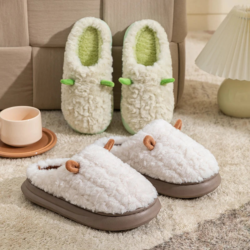 Winter Home Slippers Men Shoes Cute Cartoon Flat Platform Women Warm