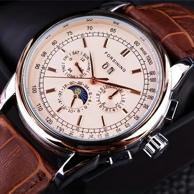 Forsining Retro Mechancial Watches Moon Phase Shanghai Movement Rose Gold Case Brown Leather Strap Luxury Automatic Mens Watch Zpaxo mocha