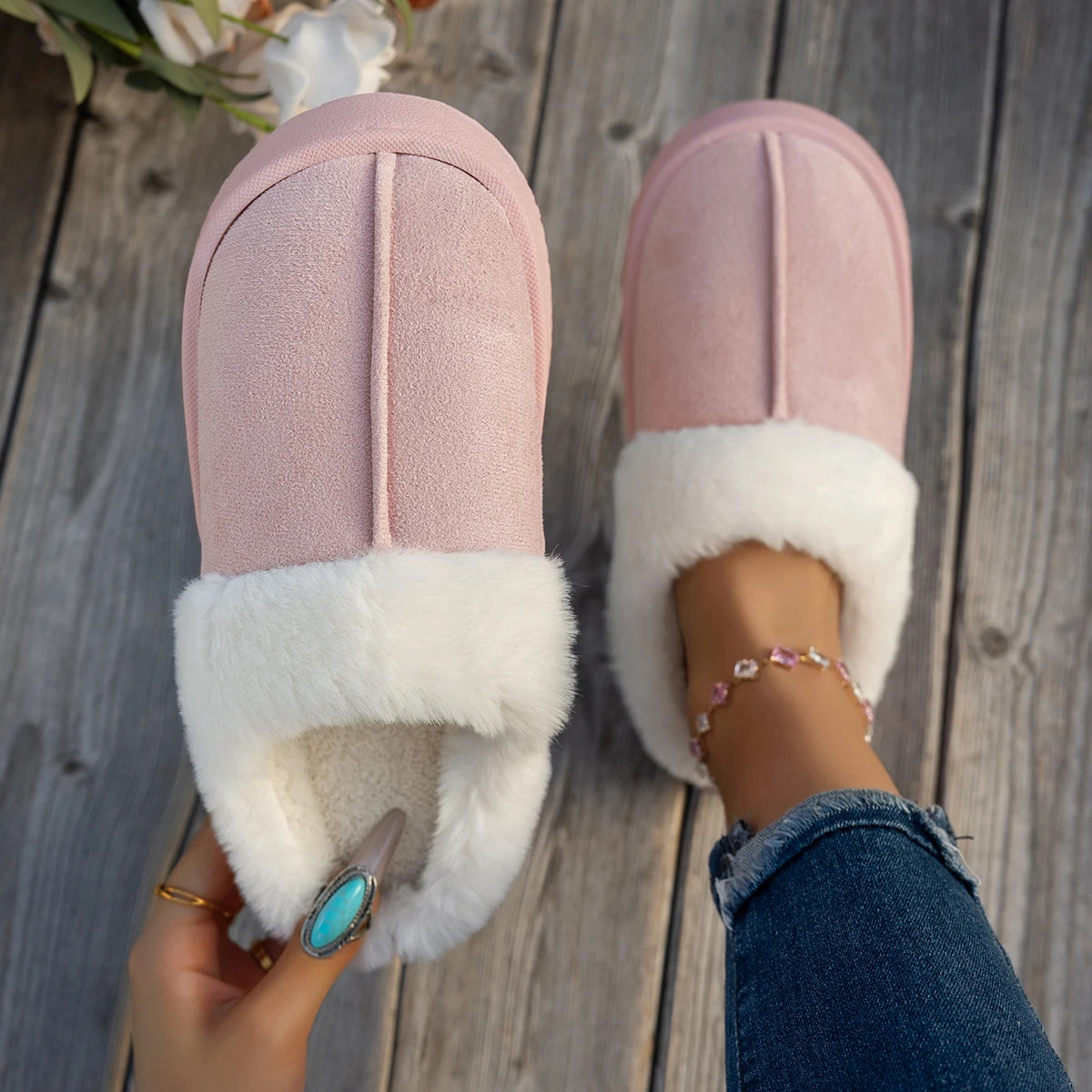 Women Ankle Boots Thickened Fluff House Shoes Women Trend Casual Short Boots Women Solid Color Slip on Furry Slippers Soft Warm Zpaxo Pink 40-41