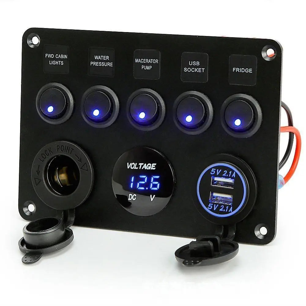 Red/Green/Blue Lights 5 Gang Switch Panel Dual USB Socket Waterproof Inline Fuse Box 12V/24V Digital Voltage Display Zpaxo