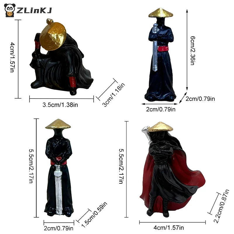 ▶4Pcs/set Resin Mini Figures Model Ancient Japanese Chinese Ninja Samurai Warrior Modeling Cool Miniature Car Decoration Gifts Zpaxo