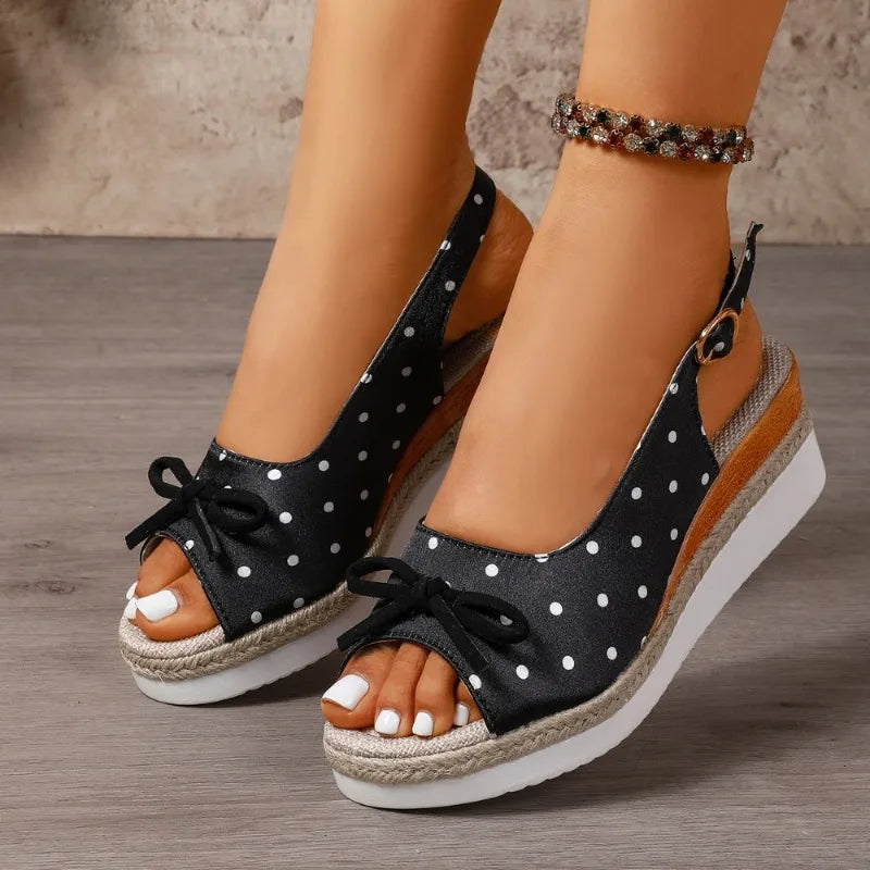 French Retro Polka Dot Wedge Heel Peep Toe Sandals Women Summer 2026