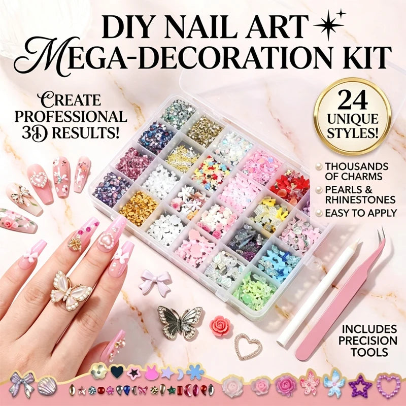 24 Grid Resin Nail Art Mixed Charms Flowers Butterfly Heart Pearl DIY