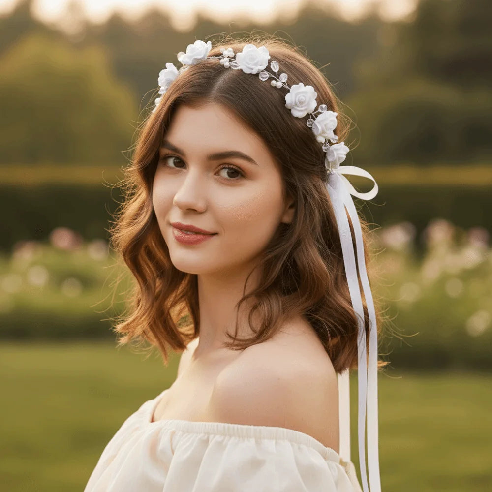 Hair Accessories Ribbon Bridal Headband Rose Flower Party Performance Pearl Flower Headband Floral Crown Women Zpaxo